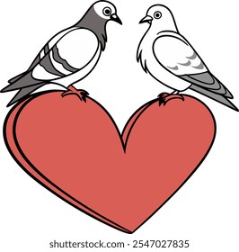 A vector red heart with 2 pigeons taking it