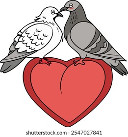 A vector red heart with 2 pigeons taking it