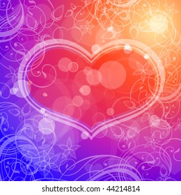 Vector red heart, abstract background, calligraphy flowers ornament & lens flares effect