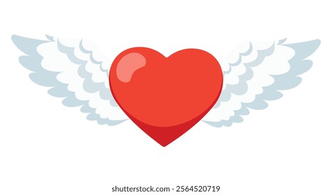Vector red heart with angel wings. Lovely heart icon for decoration. Love, wedding and Valentine's day concept.