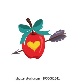 Vector red heart apple with love arrow. Valentine apple-heart for sticker, postcard, cardstock. Isolated vintage illustration.