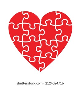 Vector red heart. The heart is assembled from a puzzle. Broken into pieces. Logo, valentine, badge, sticker, postcard, apology, congratulation. 