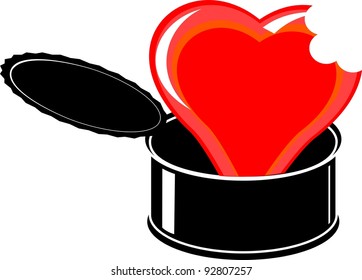 Vector red heart in black open tin - cartoon humorous illustration isolated on white background. Valentine's Day