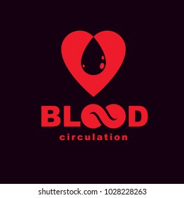 Vector red heart with blood circulation inscription. Medical theme vector graphic symbol.