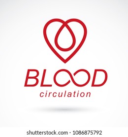 Vector red heart with blood circulation inscription. Blood transfusion metaphor, medical care emblem for use in pharmacy.