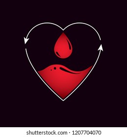 Vector red heart with blood circulation inscription with direction arrows. Blood transfusion metaphor, medical care emblem for use in pharmacy.
