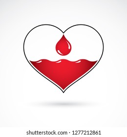 Vector red heart with blood circulation inscription. Blood transfusion metaphor, medical care emblem for use in pharmacy.