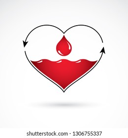 Vector red heart with blood circulation inscription with direction arrows. Blood transfusion metaphor, medical care emblem for use in pharmacy.