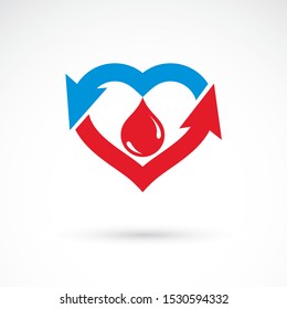 Vector red heart with blood circulation inscription with direction arrows. Blood transfusion metaphor, medical care emblem for use in pharmacy.