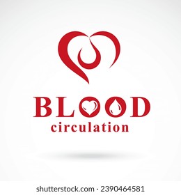 Vector red heart with blood circulation inscription. Blood transfusion metaphor, medical care emblem for use in pharmacy.