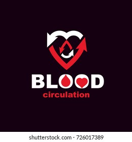 Vector red heart with blood circulation inscription with direction arrows. Blood transfusion metaphor, medical care emblem for use in pharmacy.