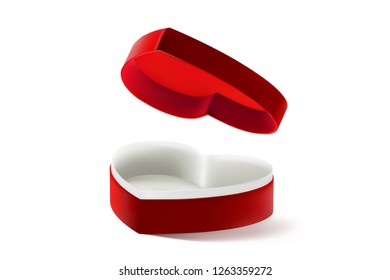 Vector red heart box for Valentines day or special day in love concept. Open empty red gift box with a red heart shape isolated on white background. EPS 10