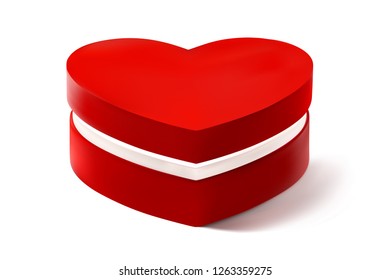 Vector red heart box for Valentines day or special day in love concept. Red gift box with a red heart shape isolated on white background. EPS 10