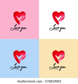 Vector red heart brush. Greeting card for Valentine day with hand drawn red heart on white, pink, blue and beige background. Love you
