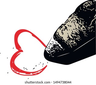 Vector red heart as a drawing. The pencil and crumbs. Black and red outline. Art style.