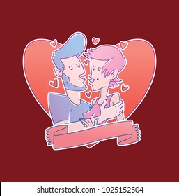 Vector red heart emblem with a banner and with cartoon image of a loving couple of hipsters, a man with beard and a girl with pink hair, kissing on a red background. Valentine's Day. Love, wedding. 