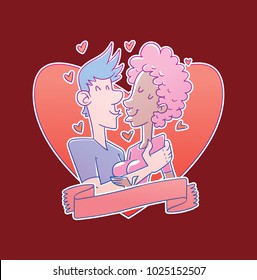 Vector red heart emblem with a banner and with cartoon image of a loving couple, man with blue hair and a black girl with pink hair kissing on a red background. Valentine's Day. Love, wedding, holiday