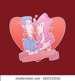 Vector red heart emblem with a banner and with cartoon image of a loving couple, a man with blue hair and girl with long pink hair kissing on a red background. Valentine's Day. Love, wedding, holiday.