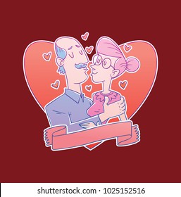 Vector red heart emblem with a banner and with cartoon image of a loving couple, an old bald man and an old woman with pink hair kissing on a red background. Valentine's Day. Love, wedding, holiday. 