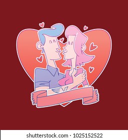 Vector red heart emblem with a banner and with cartoon image of a loving couple, a man with blue hair and a girl with pink hair kissing on a red background. Valentine's Day. Love, wedding, holiday. 