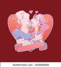 Vector red heart emblem with a banner and with cartoon image of a loving couple, a bald man-bully and a good girl with pink hair kissing on a red background. Valentine's Day. Love, wedding, holiday.