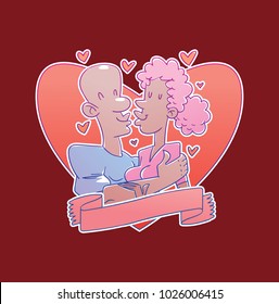 Vector red heart emblem with a banner and with cartoon image of a loving couple, a black bald man and a black girl with pink hair kissing on a red background. Valentine's Day. Love, wedding, holiday.