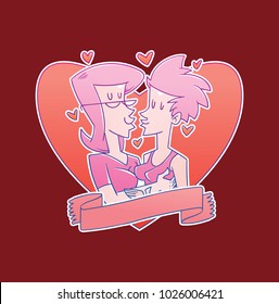 Vector red heart emblem with a banner and with cartoon image of a loving couple of gays, two girls with pink hair kissing on a red background. Valentine's Day. Love, wedding, holiday.