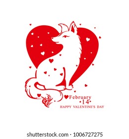 Vector red heart flat template. Cute dog in the heart. Vector illustration by February 14 Valentine's Day.