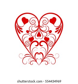 Vector Red Heart With Flower Curl Over White