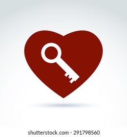 Vector red heart with a key isolated on white background. Love secret symbol, conceptual privacy icon. Key from a loving heart.