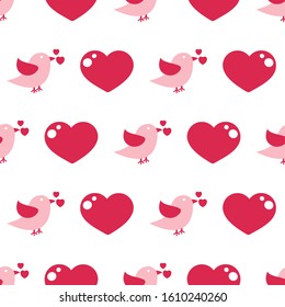 Vector red heart with love bird seamless pattern background