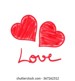 Vector of red heart and love word illustration by doodle painting line