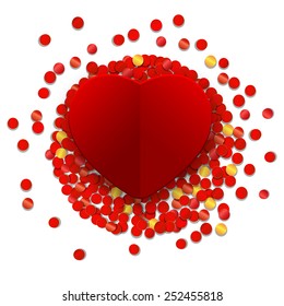 Vector red heart on the red and gold confetti. Valentines day ba