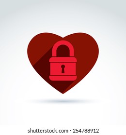 Vector red heart with a padlock isolated on white background. Love secret symbol, conceptual privacy icon.