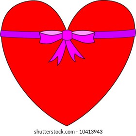 Vector of a red heart with a pink bow and ribbon around it.