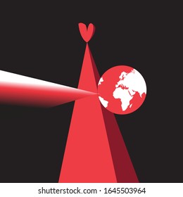 Vector red heart and planet earth on a dark background.