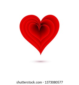 Vector red heart with shadow in paper art style. Valentine romantic card, symbol of love isolated on white background. Beautiful template for your creative design. 