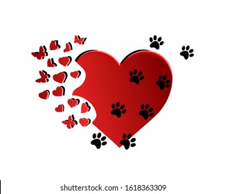Vector red heart shape silhouette love symbol drawing illustration with pets cats or dogs footprints paws and flying baterflyis isolated on white background.T shirt print design.