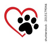 Vector red heart shape stencil love symbol with pet cat or dog footprint .Black doggy kitty paw mark silhouette drawing sign illustration.Puppy footstep trail icon.T shirt print design.Sticker.Cut.DIY