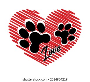 Vector red heart shape stencil love symbol with pets cats or dogs footprints paws.Black doggy paw mark silhouette drawing sign illustration.Puppy footstep trail icon .T shirt print design.Wall Sticker