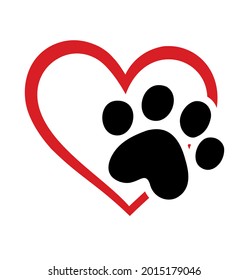 Vector red heart shape stencil love symbol with pet cat or dog footprint .Black doggy kitty paw mark silhouette drawing sign illustration.Puppy footstep trail icon.T shirt print design.Sticker.Cut.DIY