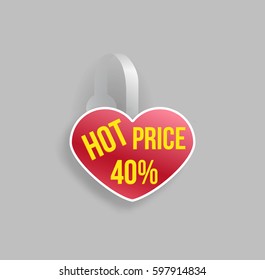 Vector red heart shape wobbler mockup set with transparent strip and grey background. Sale message template for your hanging shelf tag design.