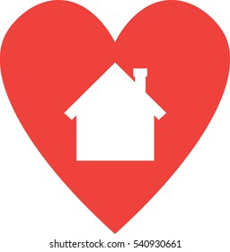 Vector red heart with white house silhouette.