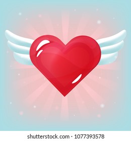 Vector red heart with white wings on light background. Romantic item for games or other design works.