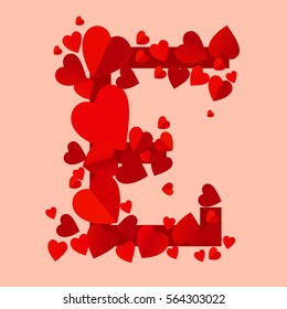 Vector red hearts alphabet letter e design