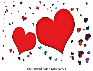 Vector red hearts with colorful confetti hearts. Valentine's day isolated background. Wedding party flyer or printing, cards, etc