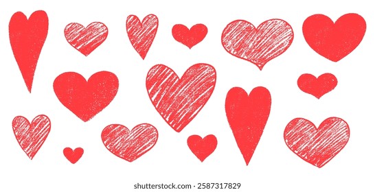 Vector Red Hearts Crayon Sketch Set Illustration. Chalk Love Symbol Doodle Shapes.