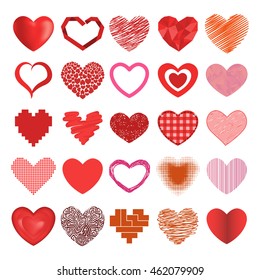 Vector red hearts icons set emotion wedding symbols