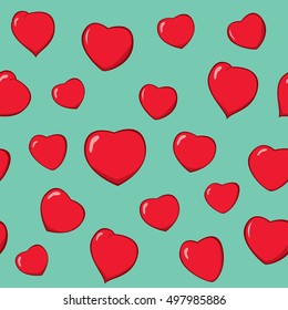 Vector of red hearts on green background.