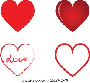 Vector red hearts outline, fill, volumetric. Four options. Love